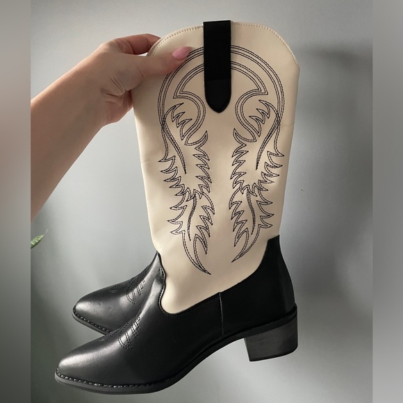 Shoes - Black white cowboy boots western embroidered detail